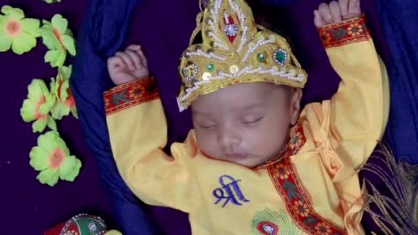 Newborn Baby Boy Krishna Dressed Props Swing Unique Angle Different — Stock Video