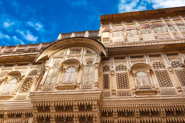 stock image Mehrangarh Fort's facade vintage artistic shot with bright blue sky from different perspective