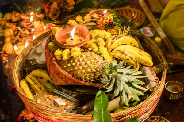 stock image Hindu religious offerings for sun god during Chhath festival from different angle