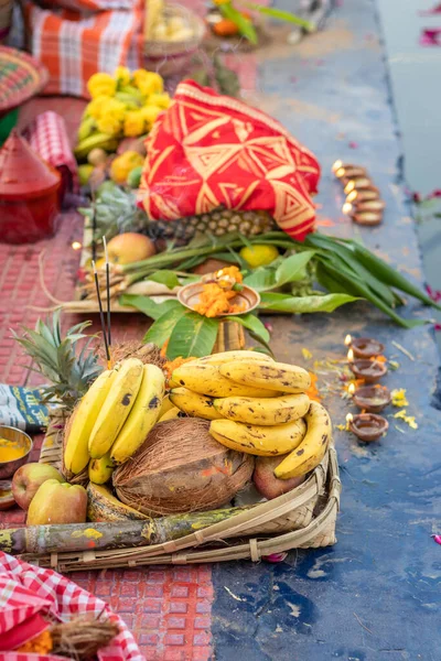 Hindu religious offerings for sun god during Chhath festival from different angle