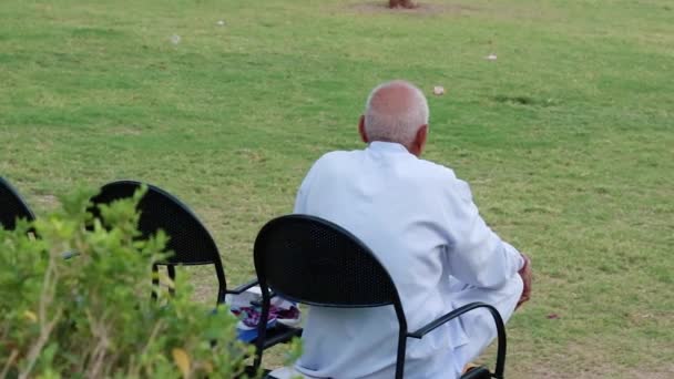 Yaşlı Adam Yalnız Başına Parktaki Demir Sandalyede Oturuyor Akşamdan Akşama — Stok video