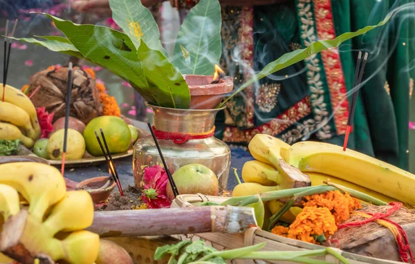 stock image Hindu religious offerings for sun god during Chhath festival from different angle