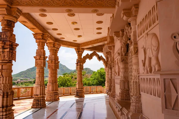 Artistic Hand Carved Red Stone Jain Temple Morning Unique Angle Stock Photo