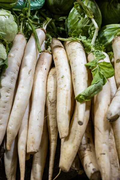 fresh white radish at vegetable store for sale at evening
