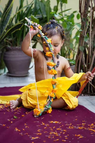 stock image Portrait of cute Indian boy dresses as lord rama with bow at outdoor with blurred background at day