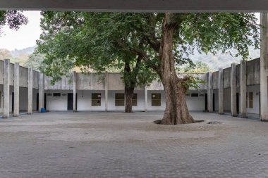 Yalıtılmış boş bir bina. Gün ortasında büyük bir ağaç var. Düz açıdan.