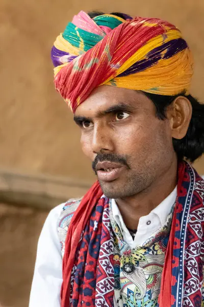 stock image indian rajasthani man singing in traditional folk music at day from flat angle