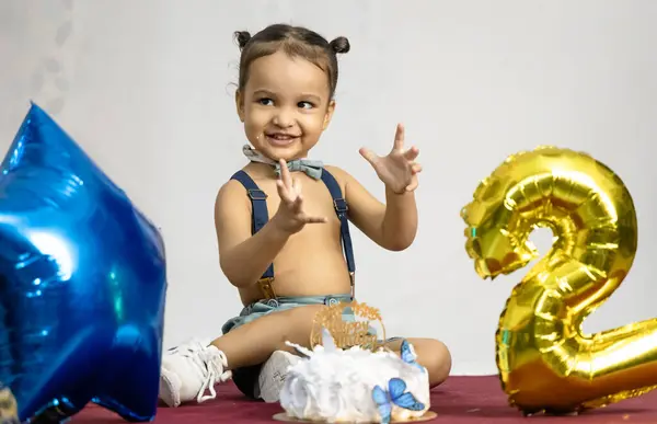 stock image Indian Baby Boy happy moments at Birthday Celebration with White Background at indoor