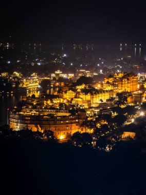 night view of lake city with with dramatic lighting from unique perspective image is taken at Udaipur rajasthan india. clipart