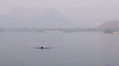 Sabah sisli dağlarla el değmemiş gölde yüzen adam Fateh sagar Gölü Udaipur Rajasthan Hindistan 'da çekiliyor..