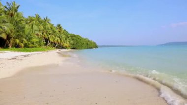 Andaman ve Nicobar Adaları 'ndaki Havelock Adası' ndaki Radhanagar Sahili 'nde el değmemiş, el değmemiş, beyaz kumsal dalgaları ve parlak mavi gökyüzü videosu çekilmiştir..