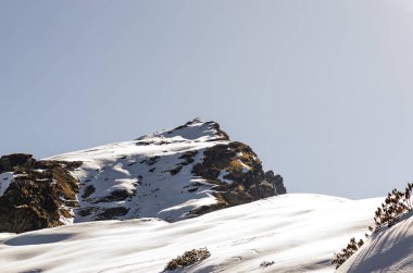 Kar tepesi zirvesi parlak gökyüzü ile sabah görüntüsü Chandrashila trek tungnath chopta uttarakhand Hindistan 'da çekilmiştir..