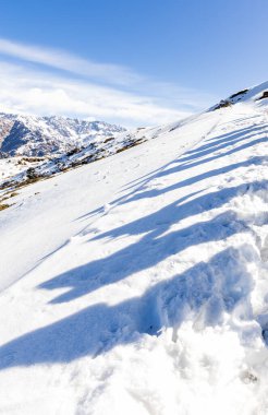 Yürüyüş grubunun gölgesi, sabah taze beyaz kar üzerinde yürürken Chopta Tungnath Himalayalar 'da çekilir Chandrashila Dağı' nda..