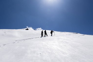 Öğleden sonra karla kaplı dağ zirvesine çıkan bir grup yürüyüşçü Chopta Tungnath Himalayas Dağı Chandrashila Yürüyüşü uttarakhand Hindistan 'da görüntülenmiştir..