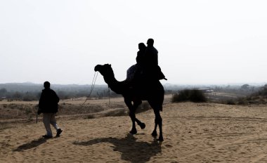Turistler çölde deve sürüşünün keyfini çıkarıyorlar. Parlak gökyüzü ve arka planda çekim görüntüleri Hindistan, Rajasthan 'da çekiliyor..