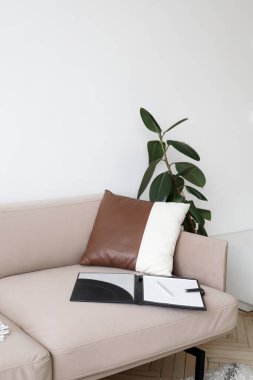 Freelancer working area on sofa with folder in light room Detail of indoor photo of corporate reception waiting area with sofa, indoor green flower.selective focus