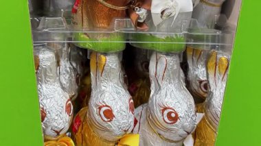 Parlak folyoya sarılı ve yeşil bir karton kutuya doldurulmuş Paskalya çikolatalı tavşanlar. Çocuklar ve yetişkinler için harika bir ziyafet..