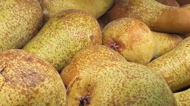 Taze armutlar süpermarketin rafındaki ahşap bir sandıkta düzgünce dizilmiş. Meyveler olgun ve iştah açıcı görünüyor, satışa hazır. Sağlıklı yemek ve yemek pişirmek için ideal bir ürün.