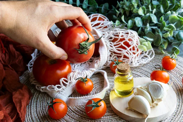 Human Hand Holding Red Tomato Table Healthy Mediterranean Products Horizontal — Stock Photo, Image