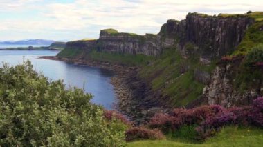 Skye Adası 'ndaki Kilt Rocks uçurumlarının çarpıcı panoramik manzarası. Ön planda tipik pembe fundalar var..