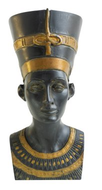 Ön manzara, Mısır Kraliçesi Nefertiti 'nin büstü, beyaz arka planda izole. Mısır bilimi konsepti, kültürler ve seyahat yerleri. Dikey.