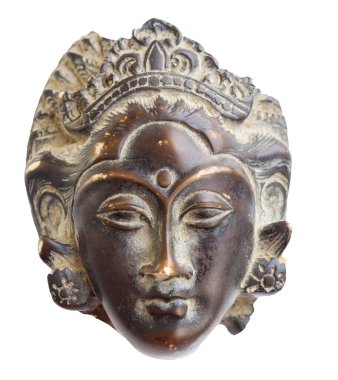 Yarım kafa, kırık, Tayland 'dan Buda heykeli. Budizm, din, zen, rahatlama ve maneviyat kavramı. Beyaz arka planda izole edilmiş. Stüdyo çekimi.