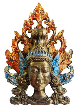 Taçlı Tanrıça Tara 'nın egzotik maskesi, Bodhisattva, dişi tantrik tanrısı, Tibet Budizmi. Beyaz arka planda izole edilmiş. Dikey.