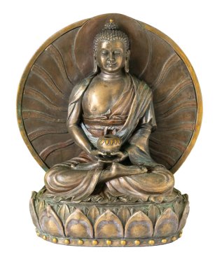 Buda heykeli, nilüfer pozisyonunda, aura ile çevrili, beyaz arka planda izole. Budizm, din, maneviyat kavramı. Dikey.