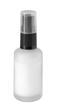 Şişe, cam şişe, siyah sprey, şeffaf kapaklı, beyaz serum, boş, ilaç ve kozmetik kap içeriyor. Model yap. Kopyalama alanı olan. Beyaz arka planda izole edilmiş. Dikey