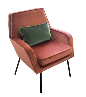 Yeşil yastıklı modern ve lüks kırmızı kadife koltuk, şeffaf arkaplan, PNG dosyası.