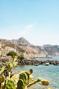 Sicilya, İtalya - 17 Ağustos 2024: Sicilya 'da Giardini Naxos, Sicilya kıyılarının ön planda dikenli armut kaktüsü ve turkuaz deniz manzarası