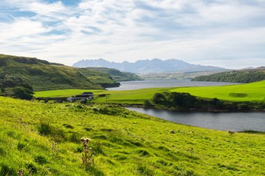 İskoçya 'nın yemyeşil tarlaları, dingin gölleri ve Ben Lomond' un bulutlu bir gökyüzünün altında yükseldiği manzarası.