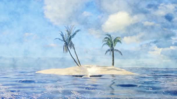 アニメーション化された楽園のテキストを持つ概念的な旅行レジャーライフスタイルビデオ海の真ん中にある様式化された島と海から飛び降りる背景 — ストック動画