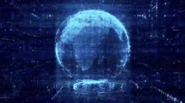 Tünelde 3D Siber-Uzay Animasyon Dijital Gezegen Dünyası 'nı İkili Veri Rastgele Birleri ve Zeros Digits Soyut Küre Animasyonu ile döngüye sokmak