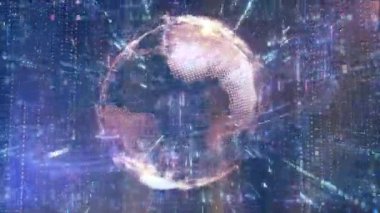 Parlak bağlantıları ve sosyal medya arayüzleriyle dönen mavi dünya. Geliştirilmiş gerçeklik unsurları ile gelecek ve bağlı dünya.