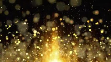 Soyut hareket arka planı altın parçacıkları parlıyor. Bokeh 'le parıldayan parçacıklar. Popüler, modern, noel, yeni yıl, bayram, düğün geçmişi, döngü video animasyonu
