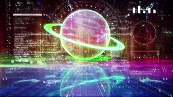 Globální Komunikační Pozadí Sci Retro Planeta Rotující Kódem Letícím Směrem — Stock video