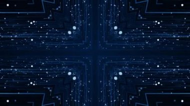 Simetrik teknoloji siber uzayda neon parıltısıyla uçun. Yüksek teknoloji teknoloji tünelinden bilim kurgu uçuşu. Neon ışığı. 3 boyutlu 4K bg. Bilim kurgu yapıları, gizemli 3D nesneler. 3B Görüntü