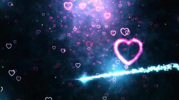 Las Partículas Dibujan Una Forma Corazón Con Corazones Neón Cayendo — Vídeo de stock