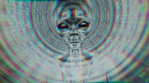 alien head rising and body getting covered in animated tribal pattern while releasing psychic waves as ripples from the mind. Black and white with trippy chromatic distortions