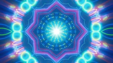 Meditasyon ve yoga için 3 boyutlu bir animasyon mandala, psikedelik kaleydoskop görseller, canlı renkler ve ruhsal aydınlanma için kusursuz bir döngü.