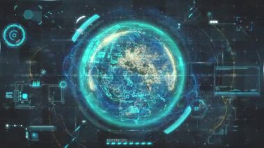 Gelişmiş programlama ve küresel bağlantı temalarını betimleyen ikili kod örtüsü ve dünya haritası içeren animasyon dijital küre.