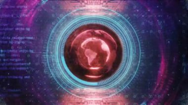 Gelişmiş programlama ve küresel bağlantı temalarını betimleyen ikili kod örtüsü ve dünya haritası içeren animasyon dijital küre.