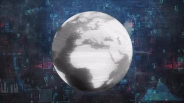 Gelişmiş programlama ve küresel bağlantı temalarını betimleyen ikili kod örtüsü ve dünya haritası içeren animasyon dijital küre.