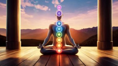 Refah, yoga ve ruhani temalarda tasarım için meditasyon ve maneviyat kavramı. Görünür çakraları olan bir meditasyon figürünün canlandırılmış videosu tahta zeminde gerçeküstü bir arka planda..