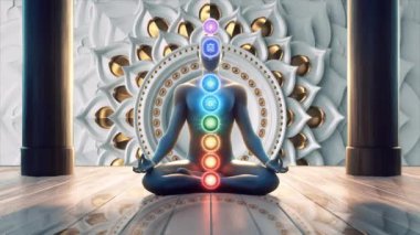 Refah, yoga ve ruhani temalarda tasarım için meditasyon ve maneviyat kavramı. Görünür çakraları olan bir meditasyon figürünün canlandırılmış videosu tahta zeminde gerçeküstü bir arka planda..