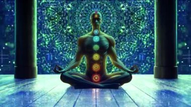 Refah, yoga ve ruhani temalarda tasarım için meditasyon ve maneviyat kavramı. Görünür çakraları olan bir meditasyon figürünün canlandırılmış videosu tahta zeminde gerçeküstü bir arka planda..