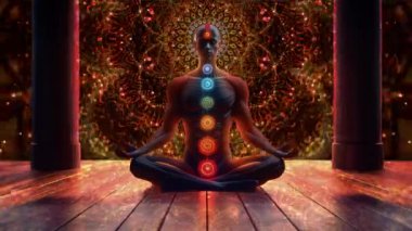 Refah, yoga ve ruhani temalarda tasarım için meditasyon ve maneviyat kavramı. Görünür çakraları olan bir meditasyon figürünün canlandırılmış videosu tahta zeminde gerçeküstü bir arka planda..