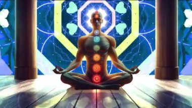 Refah, yoga ve ruhani temalarda tasarım için meditasyon ve maneviyat kavramı. Görünür çakraları olan bir meditasyon figürünün canlandırılmış videosu tahta zeminde gerçeküstü bir arka planda..