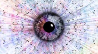 Dinamik psikedelik görselleri olan ayrıntılı iris. Soyut göz konseptiyle hareketli grafikler videosu. Yaratıcı tasarım projeleri için renkli dijital animasyon. Kusursuz döngü